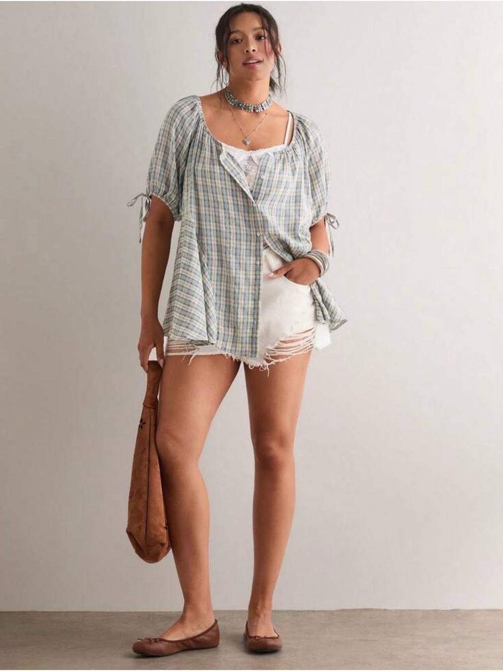 SHEIN Curve Plaid Puff-Sleeve Peasant Top in Light Blue